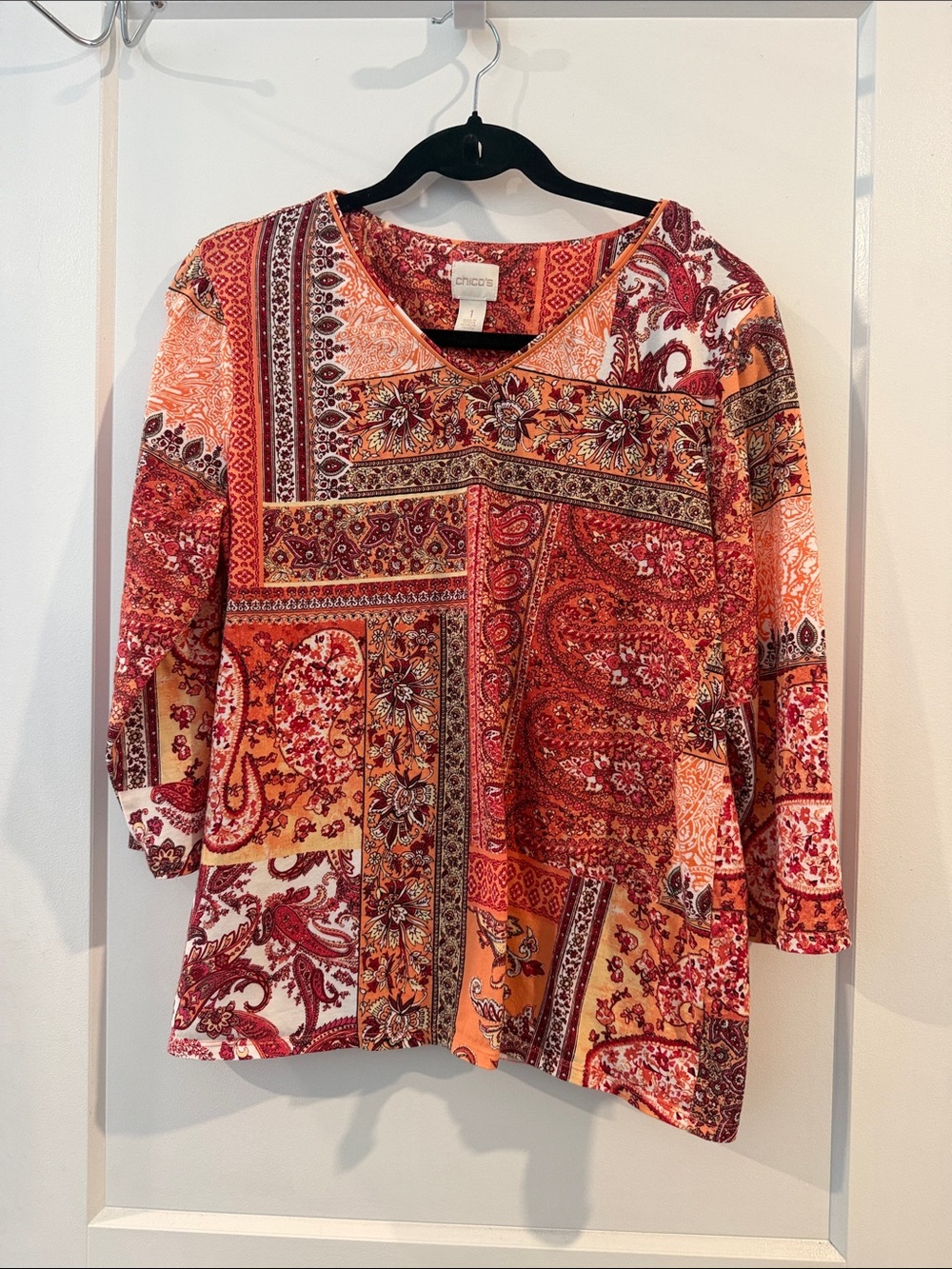 Chico's Orange and Red Paisley Patchwork V-Neck Tunic